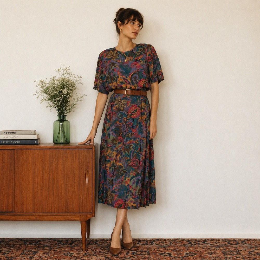 Vintage Koret Paisley Floral 2 Piece Skirt Set L Purple Cottagecore Boho Chic90s